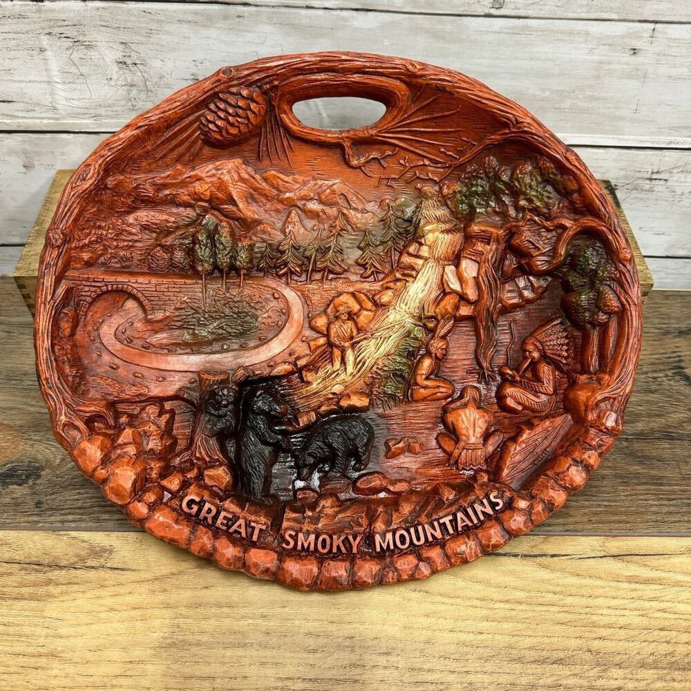 VINTAGE GREAT SMOKY MOUNTAINS FAUX WOOD SOUVENIR WALL PLAQUE PLATE, FAIRWAY, VG